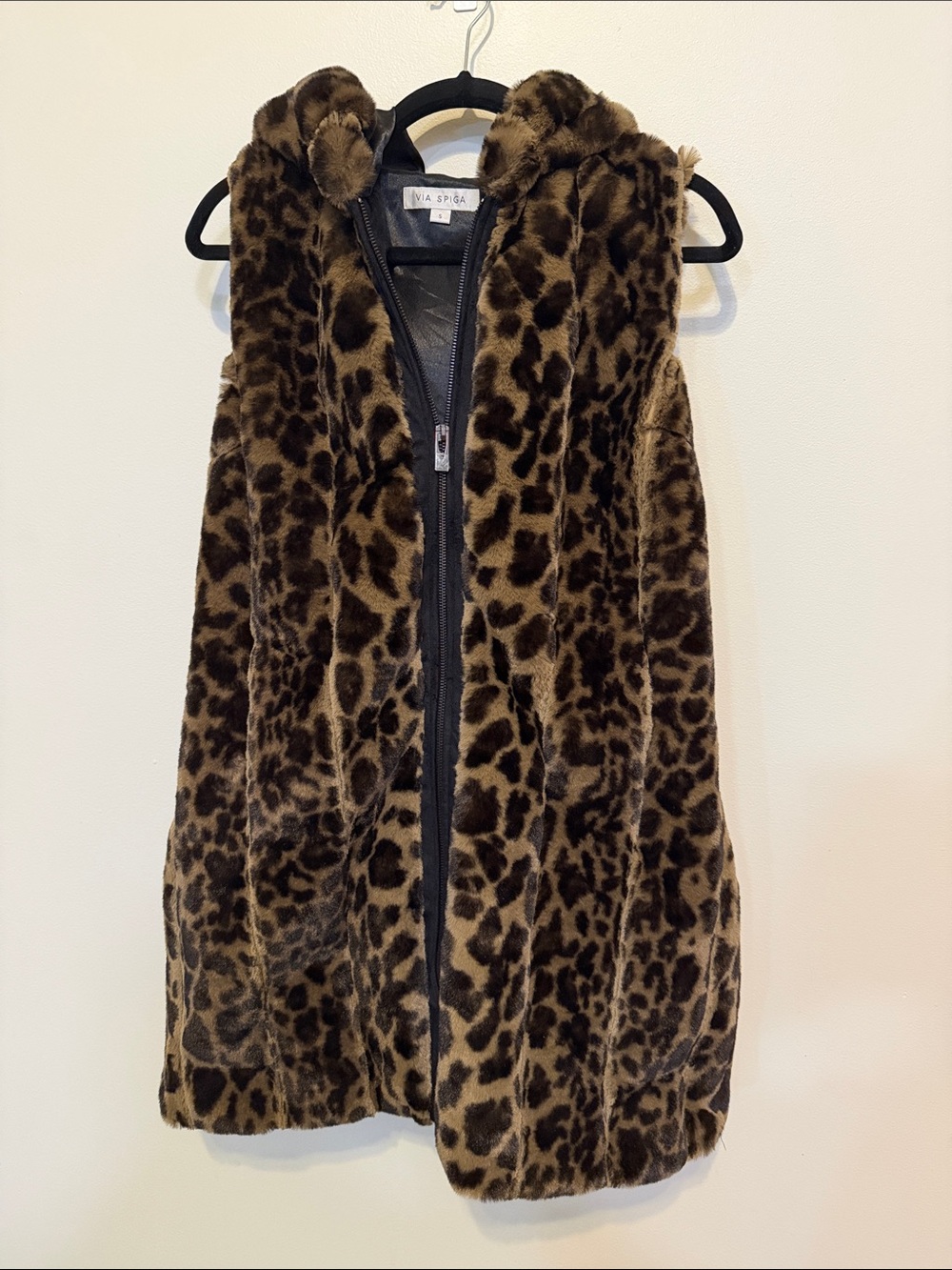 Via Spiga Leopard Faux Fur Hooded Vest - Brown